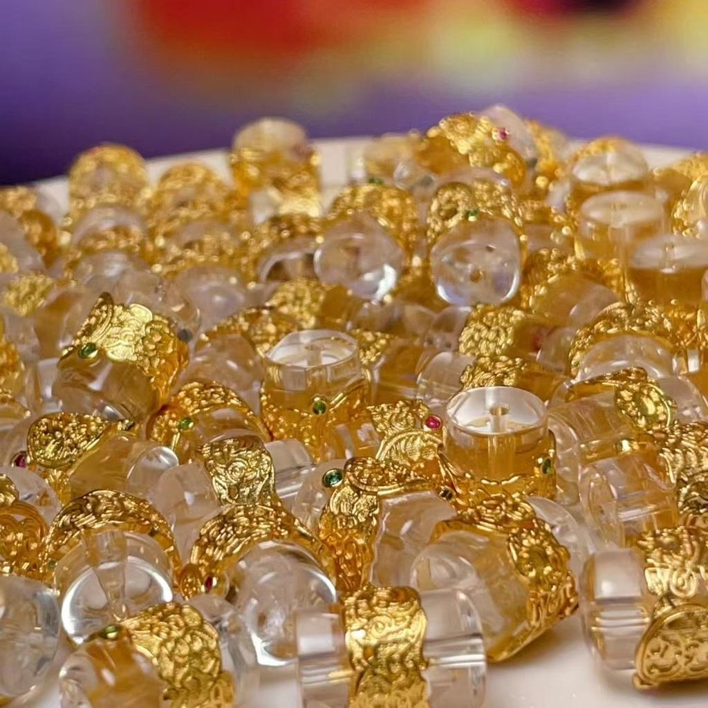 5Pcs, Energy Natural Stone Crystal Clear Quartz Beads with Golden Edged Accents, Handcrafted Lotus Bucket Shape Beads for Jewelry Making DIY Crafts