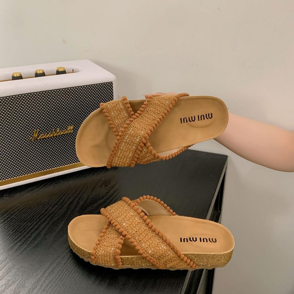 Retro woven cross-cool slippers women's outerwear 2025 summer new with skirt one-word slippers casual shoes