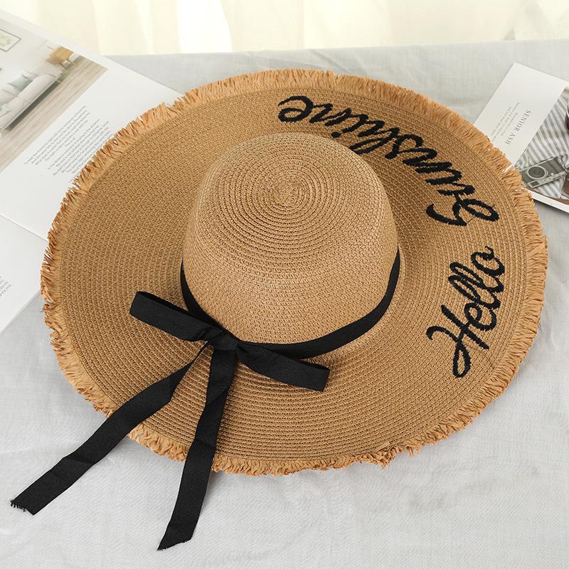 Straw Hat Ladies Bow Big Eaves Hat, Dome Sunscreen Beach Letters Big Eaves Seaside Sun Hat Tide