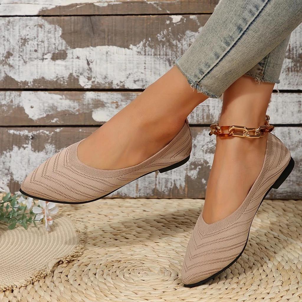 Women's Pointed Toe Flat Shoes Solid Color Knitted Slip On Shoes Casual Breathable Flats Women Flat Loafers Comfort Ladies Shoes