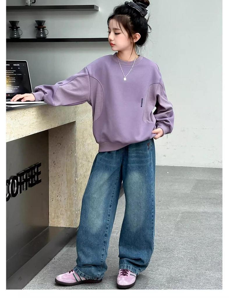 Dívčí módní volná mikina s kulatým výstřihem a dlouhým rukávem - Kolekce Podzim/Jaro 2025