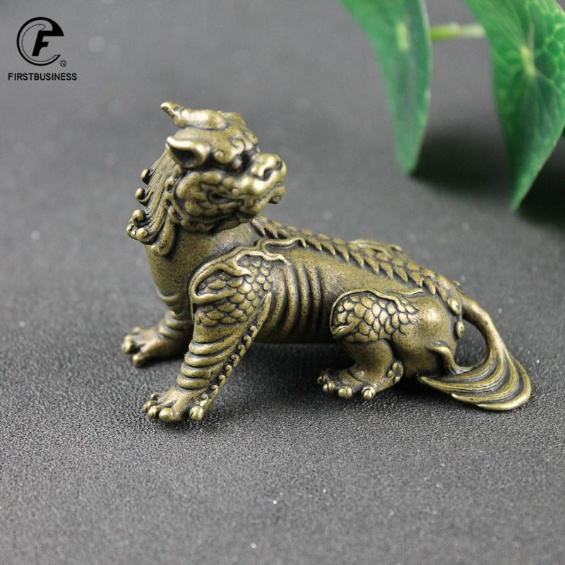 Antique Bronze Chinese Myth Beast Qi Lin Statue Miniature Figurines Desktop Ornaments Home Car Decorations Copper Crafts Gifts
