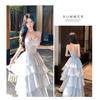 French Blue Glossy Camisole Cake Dress: Slimming Waist, Long Seaside Vacation Style for Girls' Birthday Parties