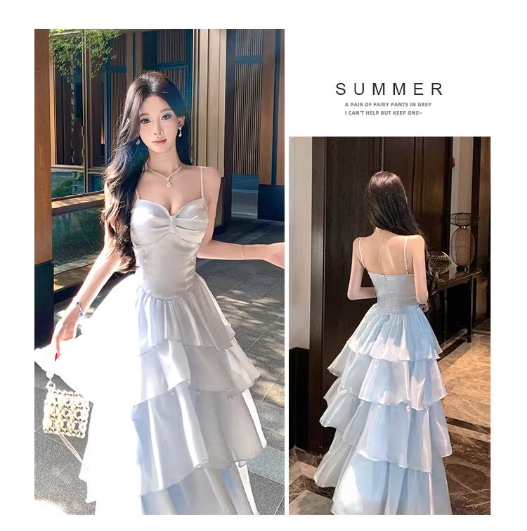 French Blue Glossy Camisole Cake Dress: Slimming Waist, Long Seaside Vacation Style for Girls' Birthday Parties
