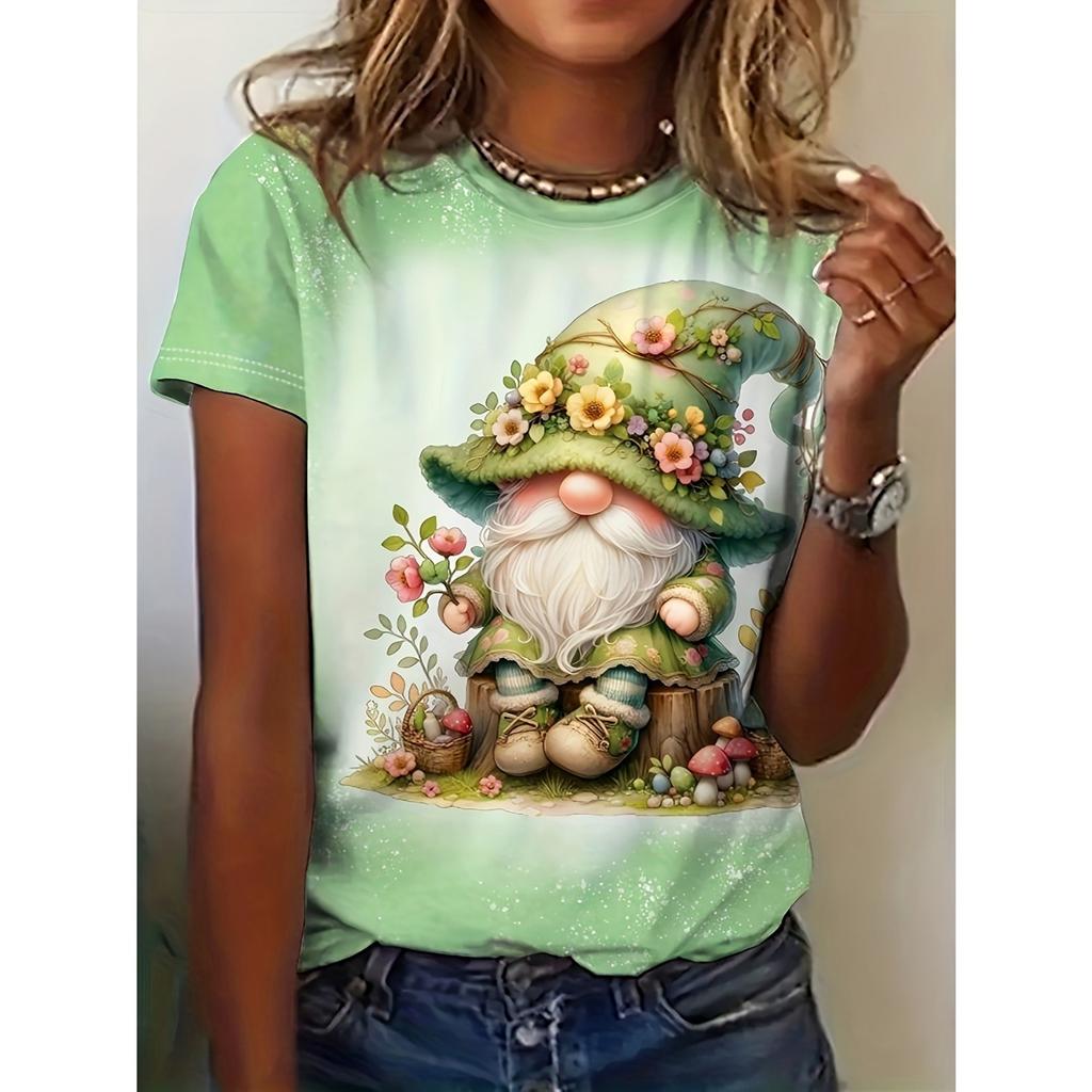 Bee Genie Gnomes Printed Women's T-shirt Comfortable Round Neck Short-sleeved Summer Style Casual Women's Clothing