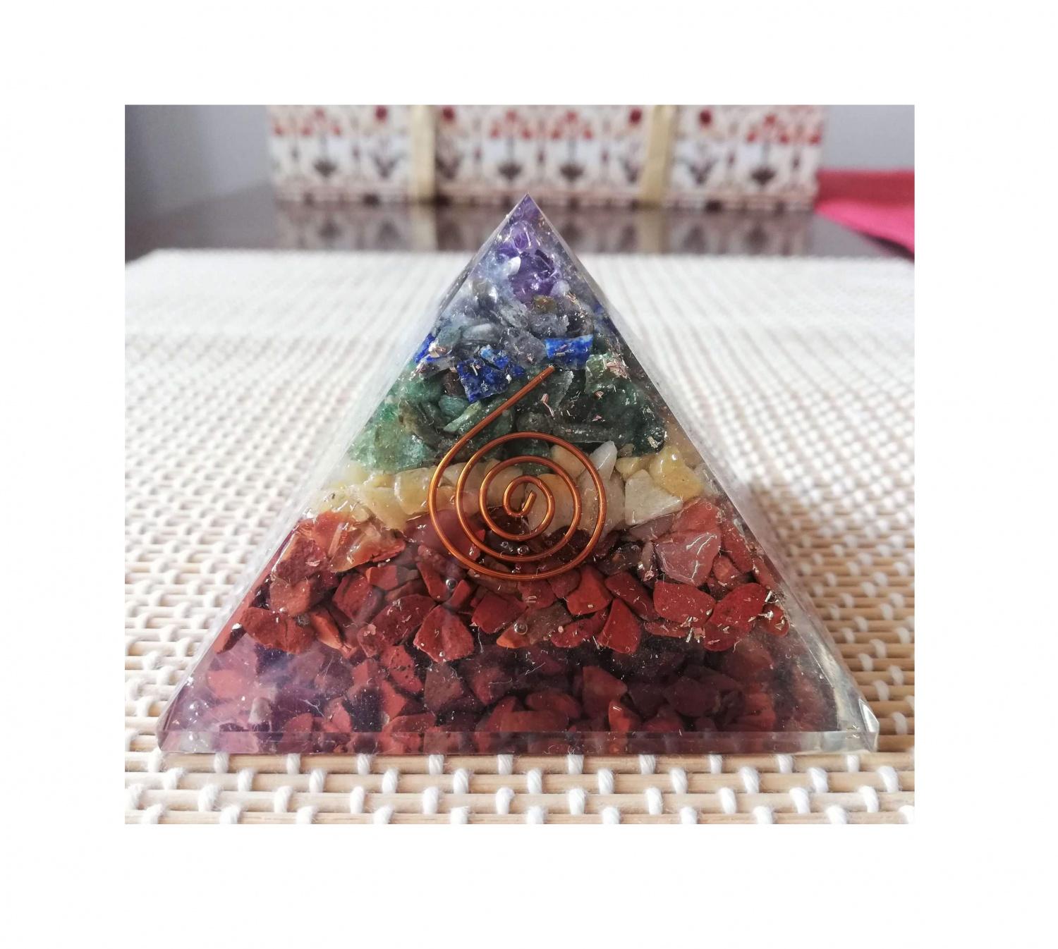 Оргонитовая Пирамида с Настоящими Камнями для 7 Чакр, Real 7 Chakra Healing Orgonite Pyramid For Reiki, Kalyan Puja