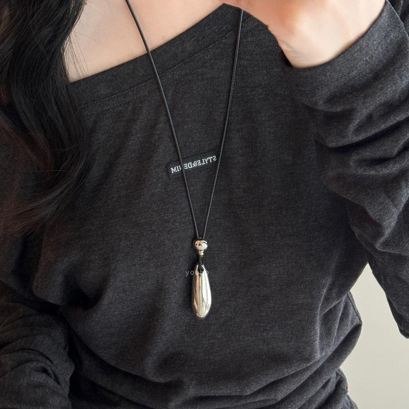 Minimalist Water Drop Pendant Leather Rope Frosted Polished Necklace Long Sweater Chain Jewelry Decorative Accessories Gift