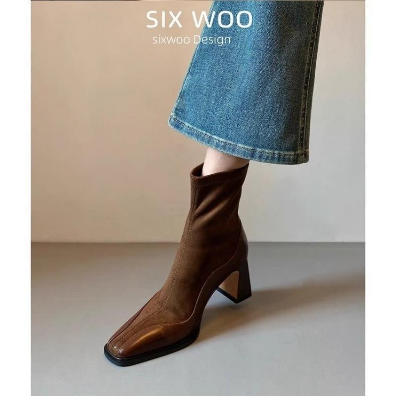 Square head thin boots women's splicing high-heeled short boots autumn and winter new rear zipper thin elastic fashion boots thick heel