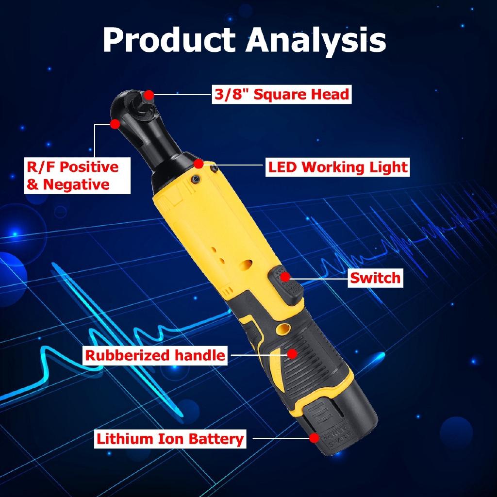 45N.m 12V Rechargeable Cordless 3/8'' Electric Ratchet Wrench 90° Right Angle Wrench Power Tool With LED Lighting