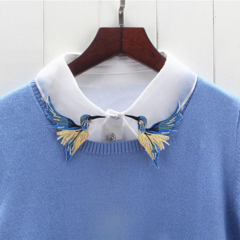 Women Shirt Fake Collar Tie Fashion Heavy Bird Embroidery Crystal Sewing Detacha