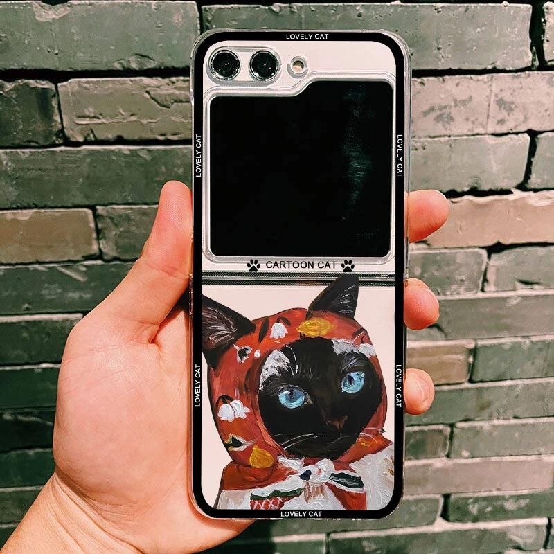 Funny Cute Cartoon Cat Phone Case For Samsung Galaxy Z Flip 6 5 4 3 For Samsung Flip6 Flip5 Flip4 Hard Folding Transparent Cover