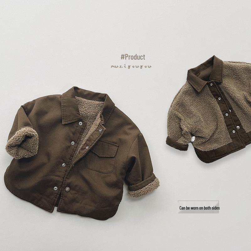 Kids' Double-Sided Fleece-Lined Winter Shirt - Korean Mori Style Retro Coat for Boys and Girls