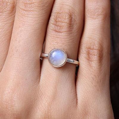 Rainbow Moonstone Round Gemstone Ring, Stacking Ring, Gift For Her, Birthday Gift, Bezel Ring, Handmade Ring, 925 Sterling Silver