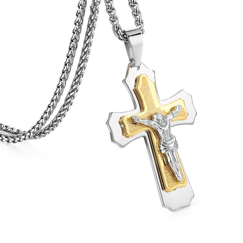 Bible Silver Color Jesus Cross Stainless Steel Pendants Necklaces Byzantine Long Chain Necklace for Men Jewelry Colar Collier