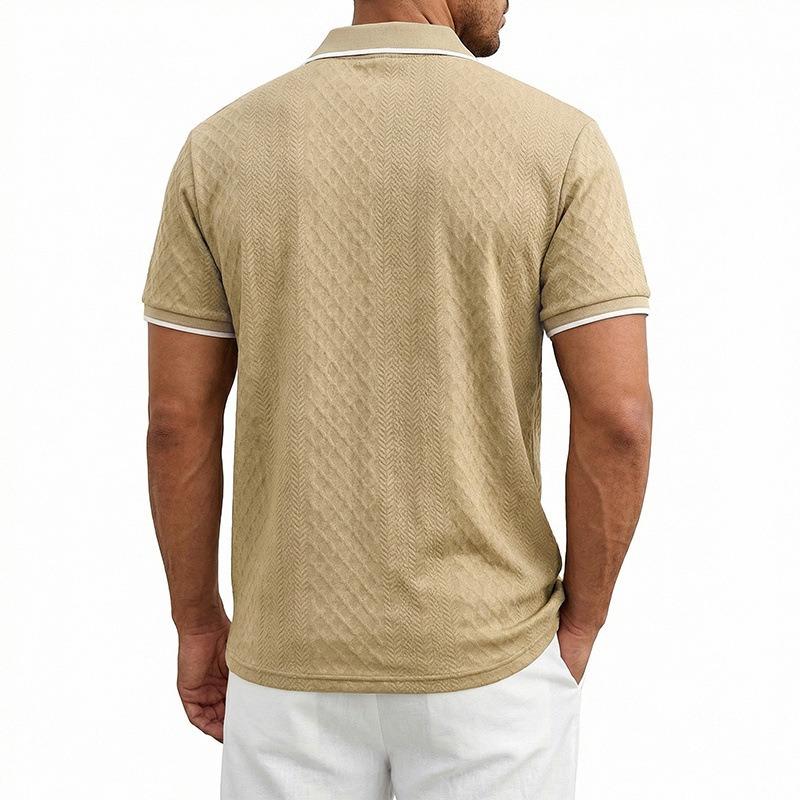 Men's Heavyweight Vintage Loose Jacquard Zip Short Sleeve Polo Shirt.