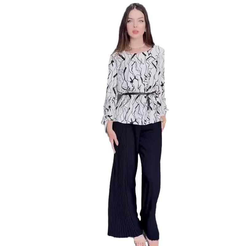 2024 Autumn Women's Casual Print Shirt & Solid Wide-Leg Pants Set