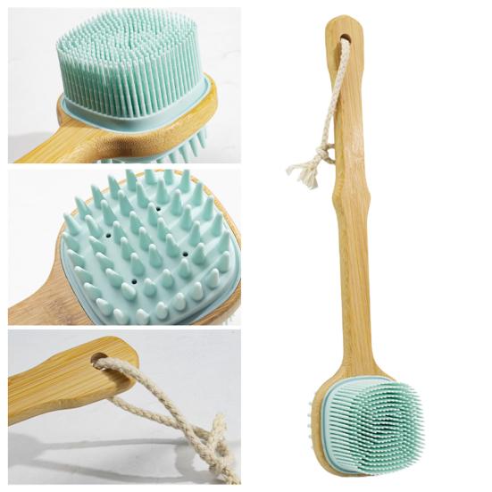Koupelový kartáč Dřevěná dlouhá rukojeť Oboustranné měkké silikonové štětiny Závěsná šňůrka Multifunkční tělo Záda Čištění Masážní sprchový mycí stroj