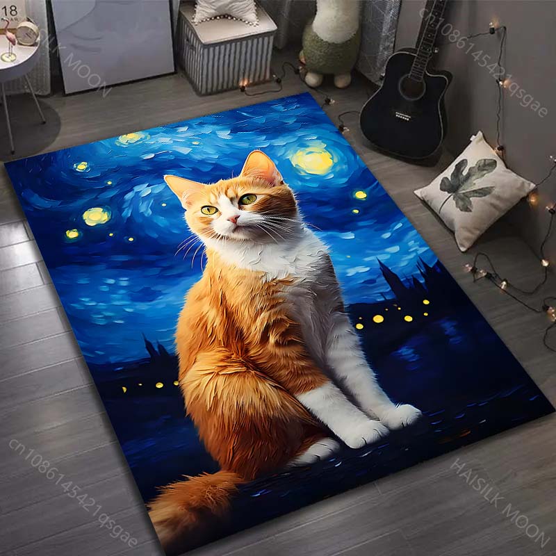 

1PC Orange cat starry night background Carpet for Living Room Bedroom Sofa Home Decor Rus Non-slip Floor Mat Luxury Gift 40cm x 60cm