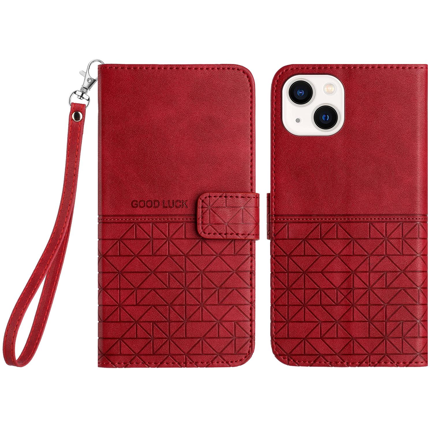 

For iPhone 15 Plus Geometric Imprinted Solid Color Microfiber Leather Phone Cover Stand Wallet Case Red