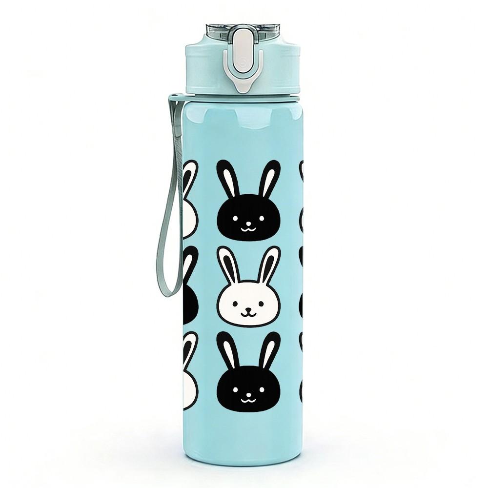 1PC Black White Rabbit Repeat Grid 750ml Color Plastic Sports Water Bottle Leakproof Flip Straw Lid For Sports Office Home Use