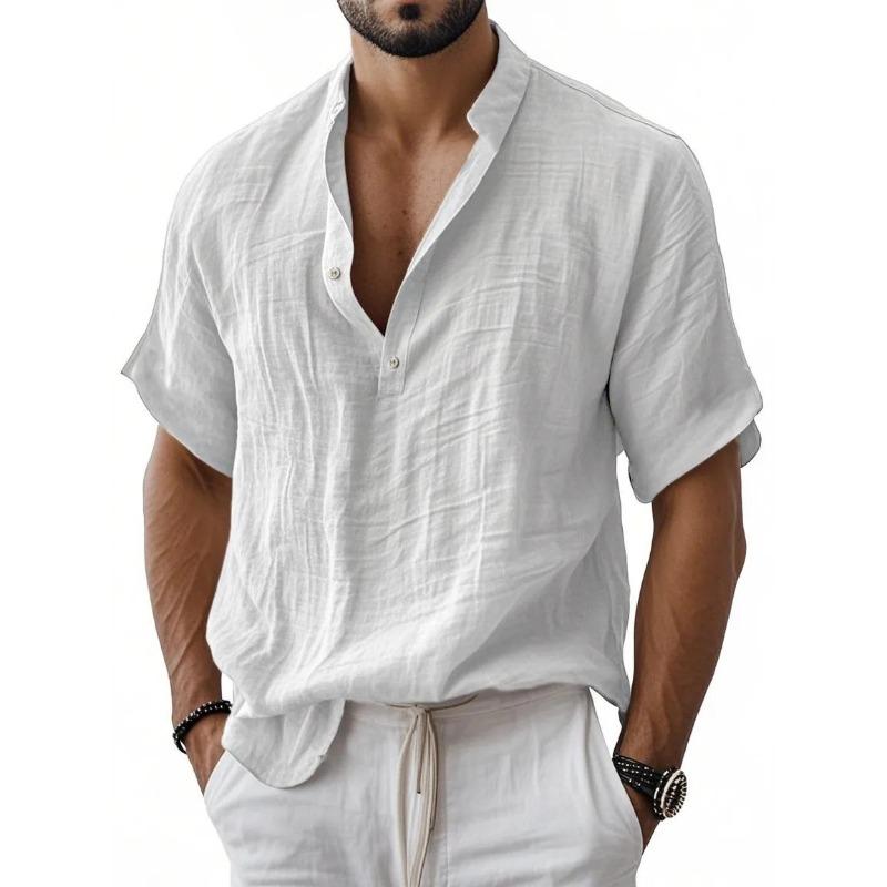 Men Mandarin Collar Short Sleeve Henley Shirt Crinkle Texture Casual Summer Top