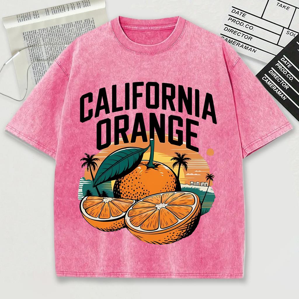 California Orange Pattern Washed T Shirt Men Summer Breathable O-Neck Tops Cotton Loose Short Sleeve Soft Unisex Tee Shirts