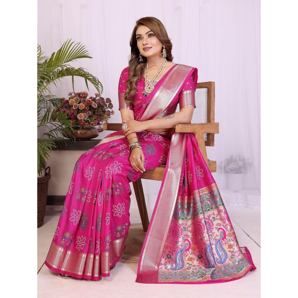 Handpicked Lite Weight Soft Dola Silk Bandhej Khadi Print Saree – a perfect fusion of tradition & vibrant elegance