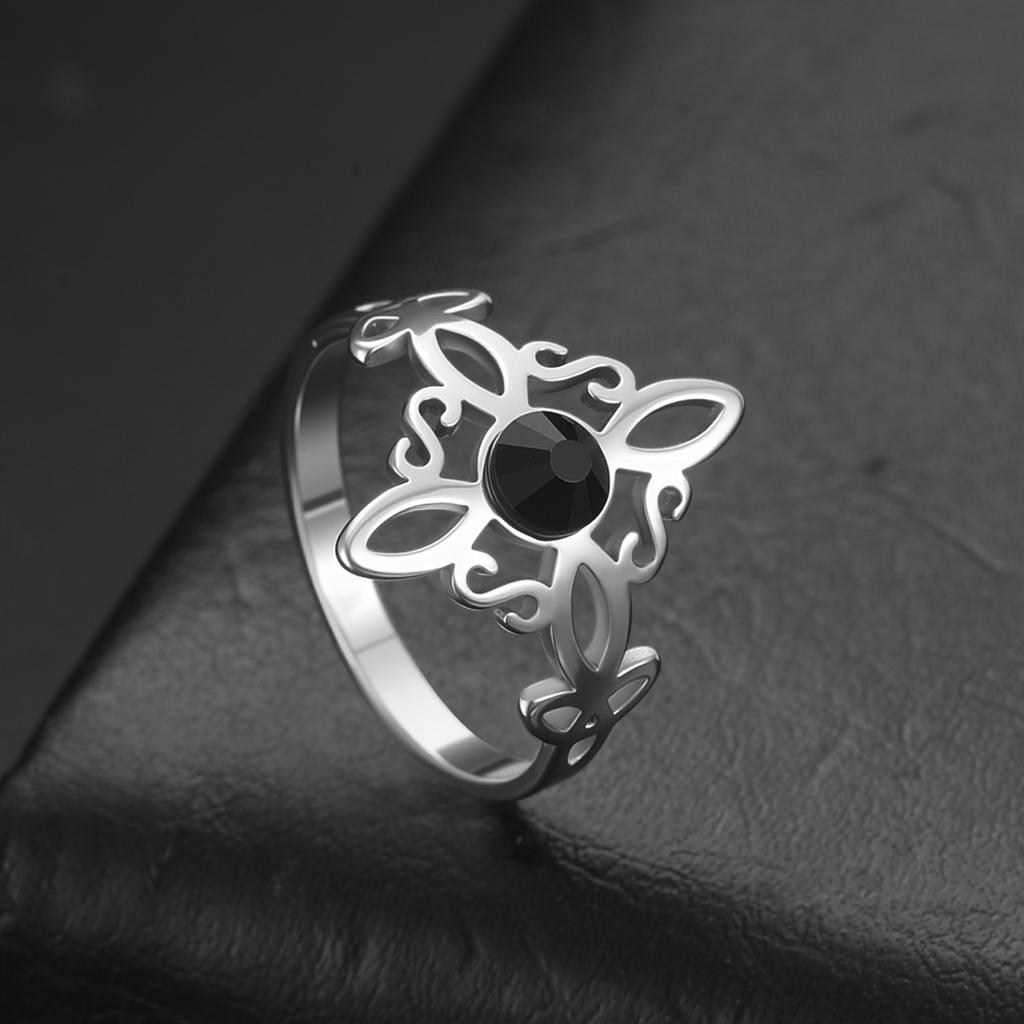 Dreamtimes Witches Knot with Black Ziron Ring Celtic Trinity Knot Stainless Steel Jewelry Gifts for Women