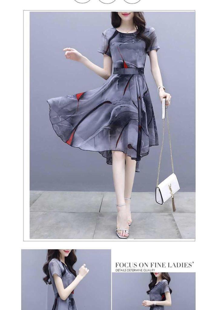 2026 Summer Women's Short Sleeve Chiffon Swallowtail Dress with Korean Print