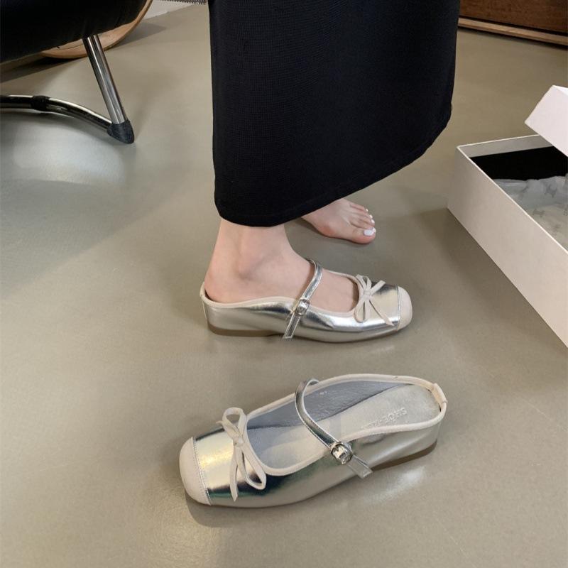 

French bow small inner height half slippers women wear 2025 summer fashion pink bag head cool slippers 35 срібний