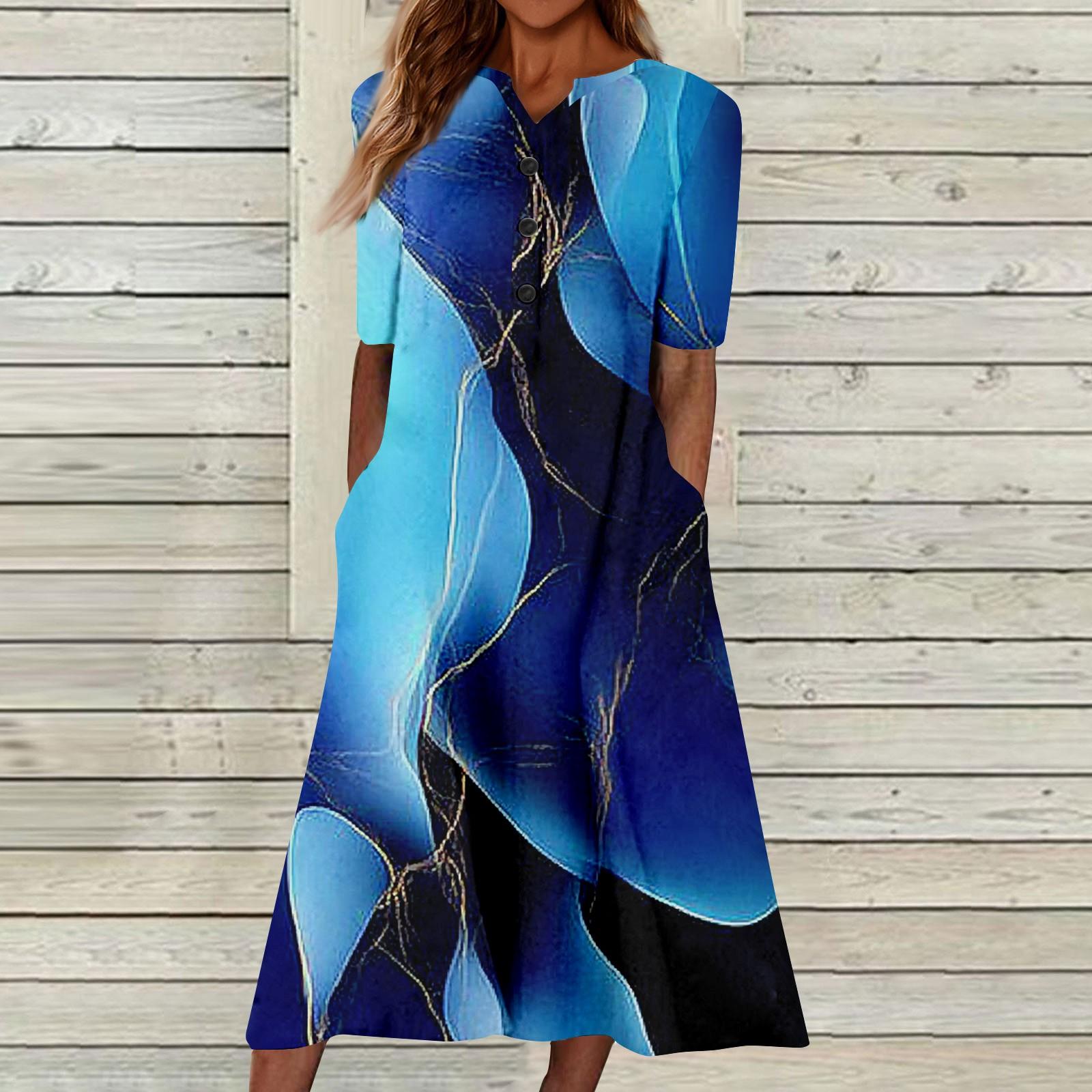 

Женский летний повседневный цветочный (Градиент) Платье с коротким рукавом с принтом L синий