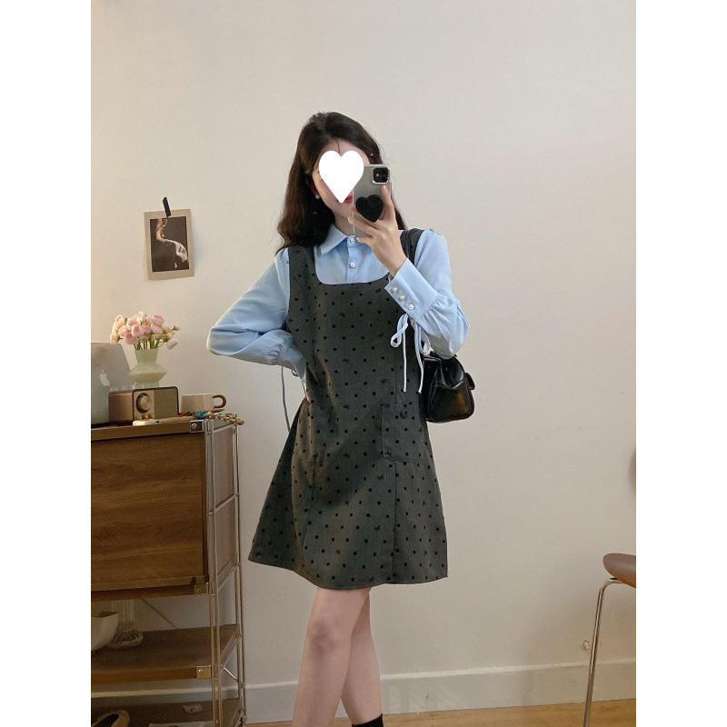 Micro Large Size Splicing College Shirt Dress Autumn Two-piece Temperament Polka Dot Skinny Vest Skirt