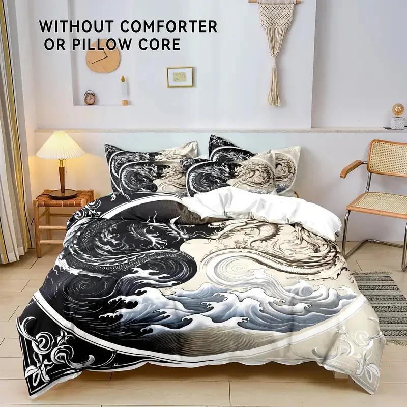 Rot Schwarz Drachendruck Bettbezug Sets Queen Chinesisches Drachenmuster Bettwäsche Set 3 Teile Bettdeckenbezug Sets Schlafzimmerdekor