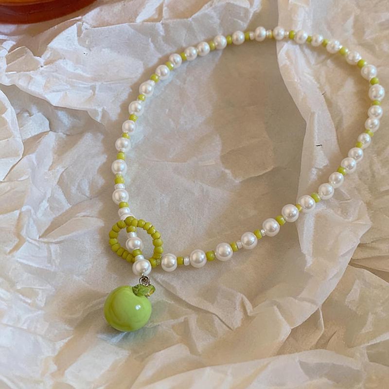 Elegant Forest-Style Pearl Crystal Apple Necklace: Luxurious, Simple, Sweet Clavicle Chain for Women