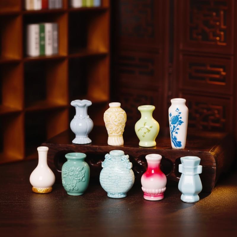 9Pcs Mini Antique Vase Resin Ornament Vintage Porcelain Style Vase Model Decor For Dollhouse Landscape Scene Desktop Diy Crafts