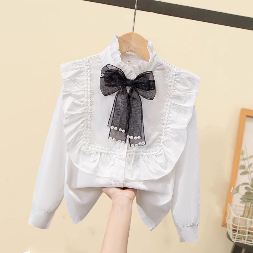 Girls Ruffled Collar Long Sleeve White Blouse Kids Elegant Lapel Button Down Shirt