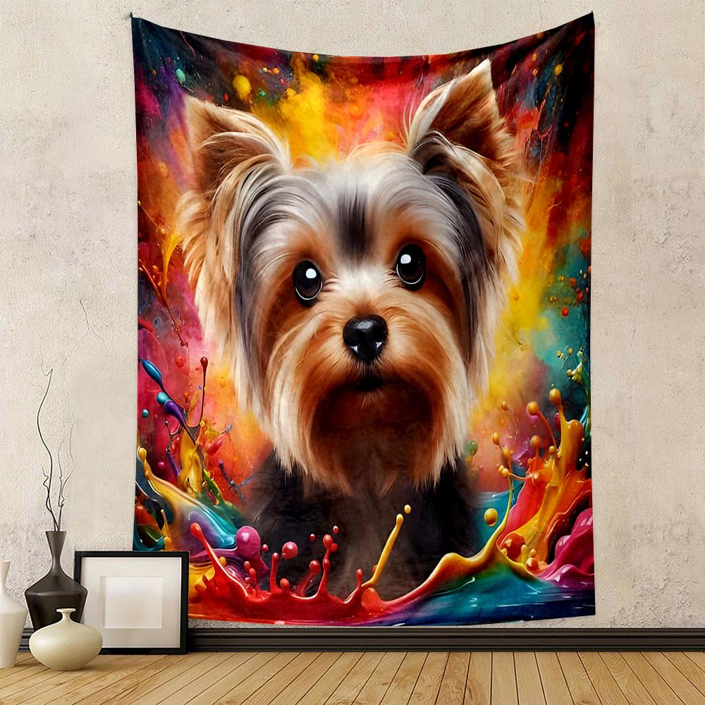Colorful Yorkie Dog Portrait Patterned Tapestry Decorative Wall Hanging, Home Bedroom Living Room Decor