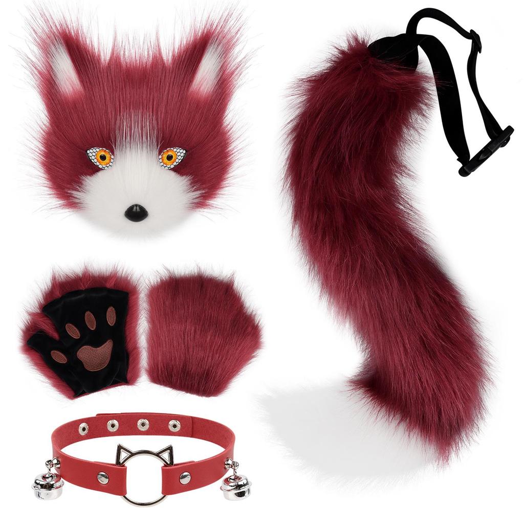 Halloween Fox Mask & Gloves with Plush Tail and Collar Set for Cosplay