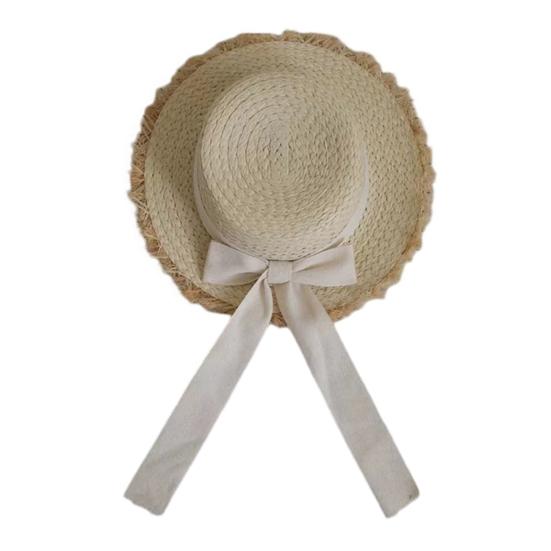 Children Straw Hat Ribbon Bowknot Decor Wide Brim Beach Hat A