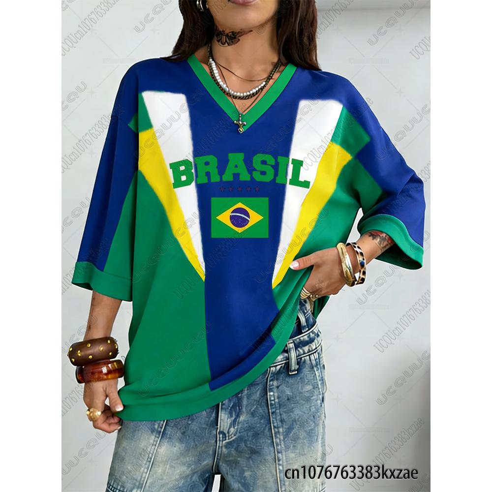 

Summer New Vintage Brazil Print Women V-Neck T Shirt Patchwork Short Sleeve Sports Tees Football Jersey Y2K Loose Oversized Tops S
