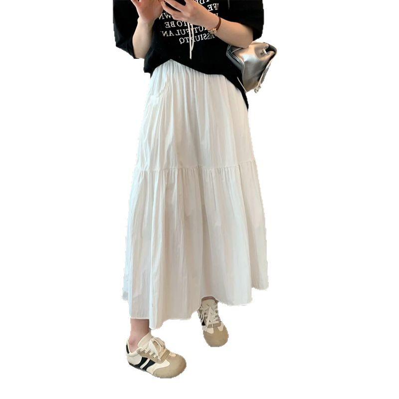 Women's High Waist White Midi Skirt: Slimming A-Line with Pockets for Spring-Summer.
