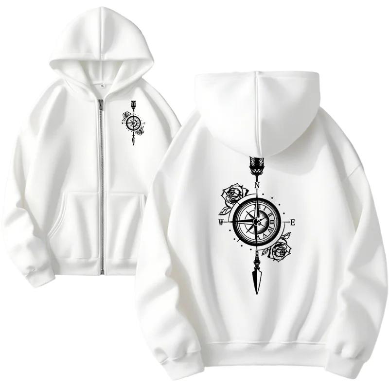 Vintage Clocks Print Hoodie for Woman Autumn Daily Casual Sporty Sweatshirts Female Urban Fashion Y2K Zip-up Coats Streetwear L