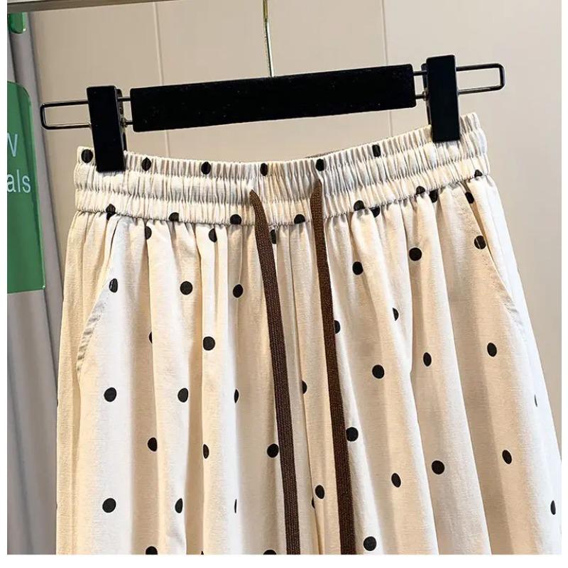 2026 Summer Cotton Linen Polka Dot Trousers Women's Loose Wide Leg Versatile Nine Point Harem Pants Korean Version Lantern Pants