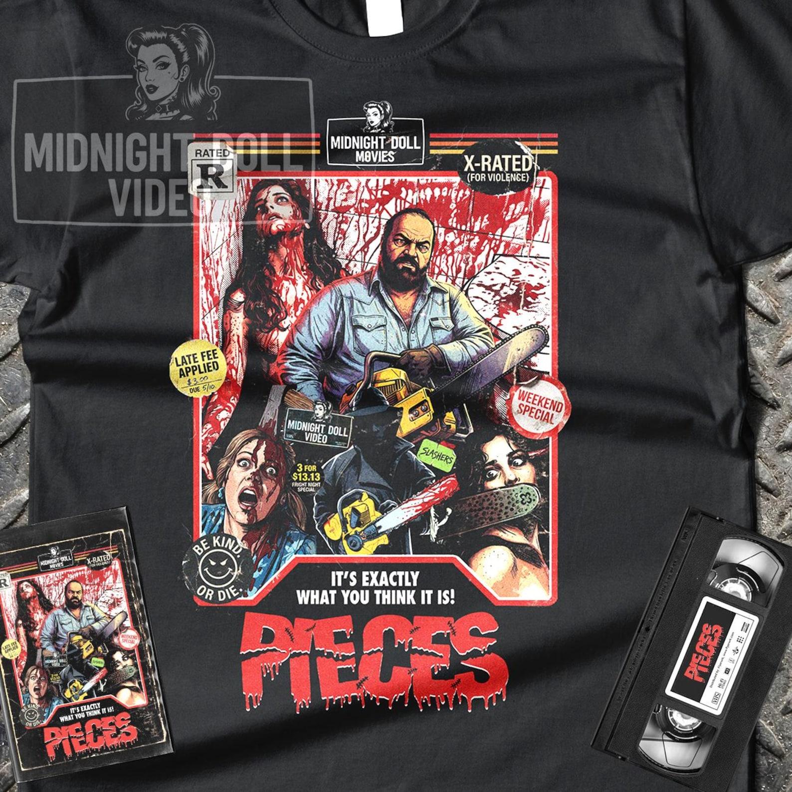 Pieces (1982) Shirt - VHS Tribute Art - 80s Slasher Movie Tee - Retro Cult Cinema S