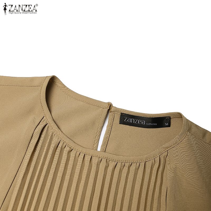 ZANZEA Women Casual Round Collar 3/4 Sleeve Pleated Long Dress