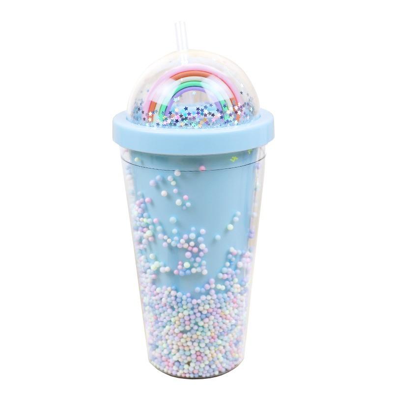

Двухслойная Радужная пластиковая бутылка для воды с соломой, креативная сладкая кружка в корейском стиле для чашки чая, кофе с молоком синий