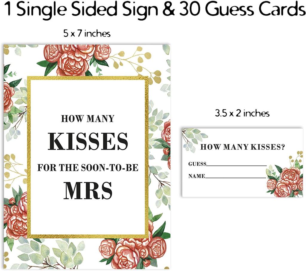 Inkdotpot 1 Sign + 30 Cards How Many Kisses for The Soon to Be Mrs White Floral Bridal Shower Game