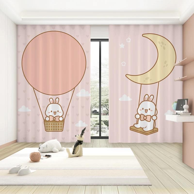 Trendy Cartoon Cute Style High Blackout Curtains Pink Bunny Girl Princess Bedroom Living Room Window Shading Curtain 2 Pieces