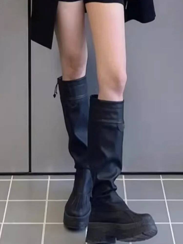 Long Boots Women Autumn New Women'S Thick Platform Knee High Boots Adjustable Cuff Leather Bootcut Boots For Petites