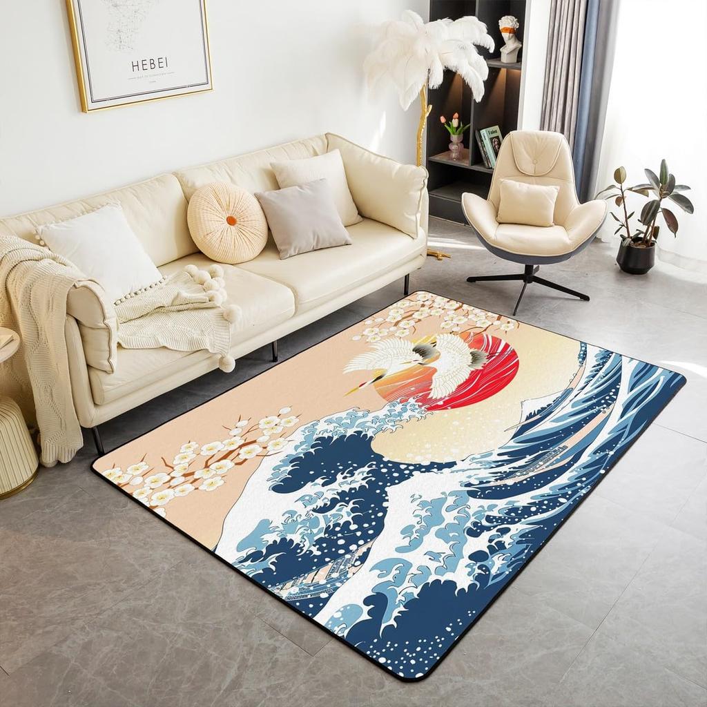 Japanese Ukiyo-e Great Wave Crane & Cherry Blossom Print Area Rug, Non-Slip Floor Mat for Living Room Bedroom Home Decor Carpet